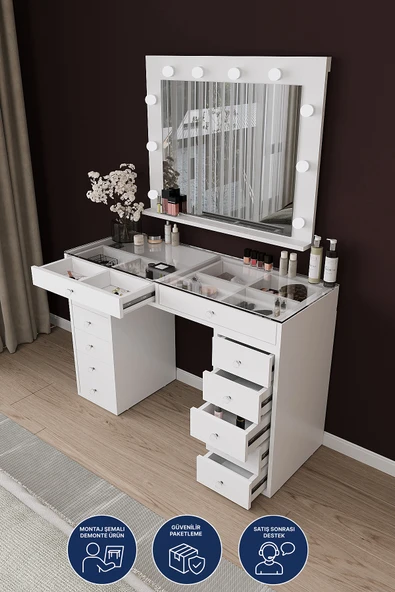 DF02115B LED Işıklı Aynalı Makyaj Masası Tabureli, Bölmeli 12 Çekmeceli Organizer Kozmetik Masası ürün görseli 1