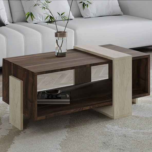 Meleni Orta Sehpa – 90 cm Modern Tasarım – Raflı  Traverten/Ceviz ürün görseli 1