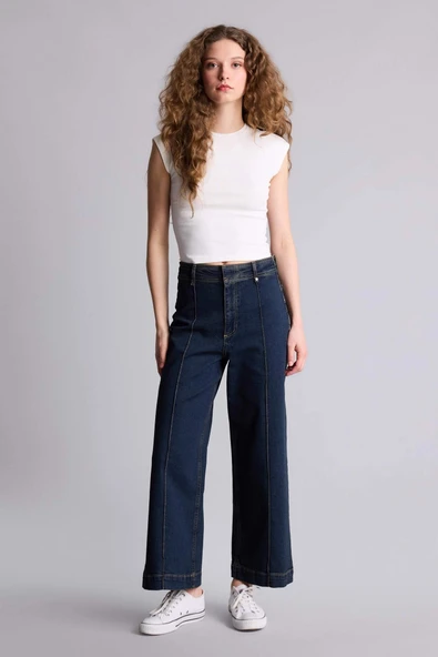 Defacto F5537AXNM34 Mavi Culotte Yüksek Bel Jean Pantolon ürün görseli 1