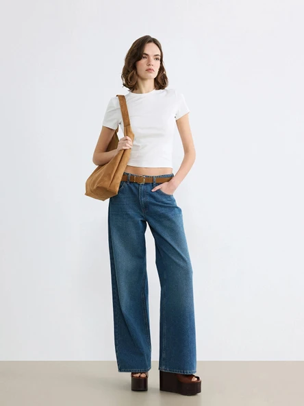 LCW Jeans İndigo Beli Kemerli Wideleg Kadın Jean Pantolon ürün görseli 1