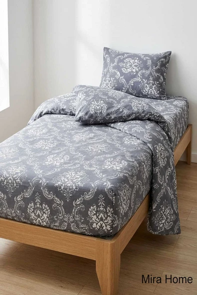 Vintage Desen Pamuklu Lastikli Çarşaflı Tek Kişilik Nevresim Takımı  Gri 100x200 Cm ürün görseli 1