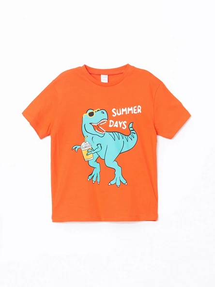 LCW Kids Turuncu Bisiklet Yaka Dinozor Baskılı Erkek Çocuk Tişört ürün görseli 1