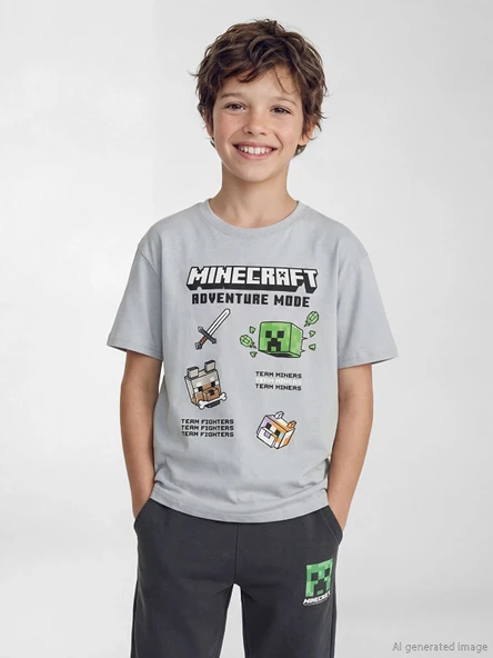 LCW Kids Gri Minecraft Baskılı Erkek Çocuk Tişört ürün görseli 1