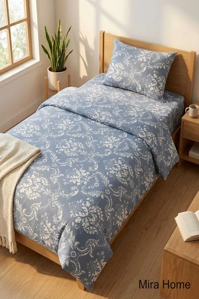 Vintage Desen Pamuklu Lastikli Çarşaflı Tek Kişilik Nevresim Takımı Mavi 100x200 Cm ürün görseli 1