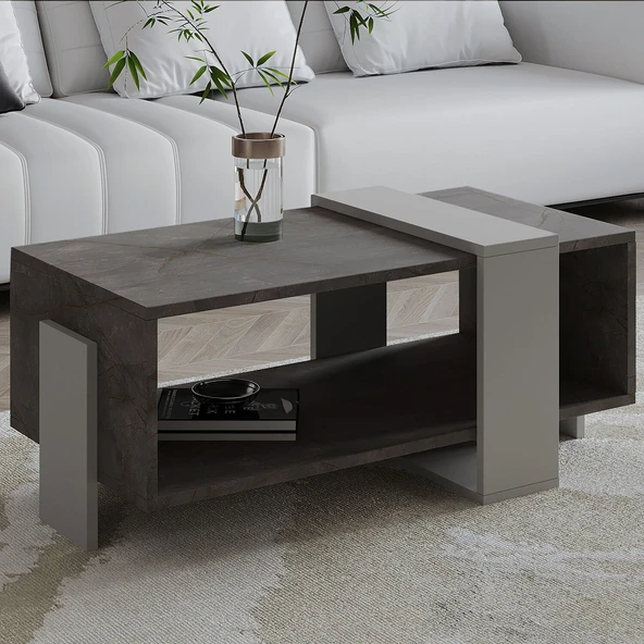 Meleni Orta Sehpa – 90 cm Modern Tasarım – Raflı  Gordion Mermer/Gri ürün görseli 1