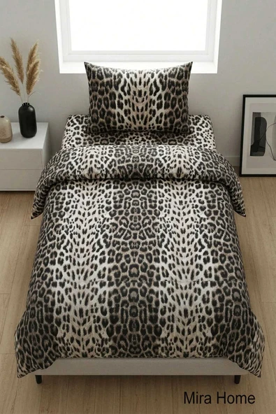 Leopar Desenli Pamuklu Lastikli Çarşaflı Tek Kişilik Nevresim Takımı (100x200 Cm) ürün görseli 1