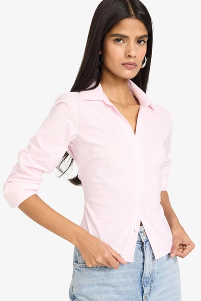Defacto D4013AXPN633 Pembe Fitted Çizgili Bengalin Gömlek ürün görseli 1