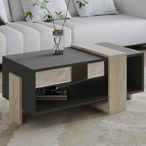 Meleni Orta Sehpa – 90 cm Modern Tasarım – Raflı  Traverten/Antrasit ürün görseli 1