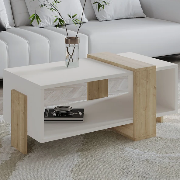 Meleni Orta Sehpa – 90 cm Modern Tasarım – Raflı  Beyaz/Safir Meşe ürün görseli 1