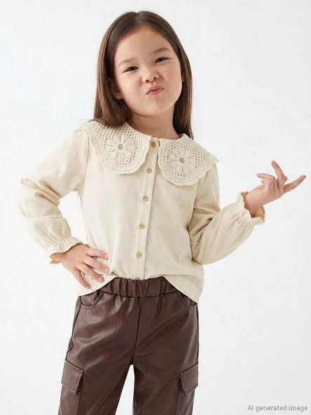 LCW Kids Ekru Çiçek Nakışlı Kız Çocuk Kadife Gömlek ürün görseli 1