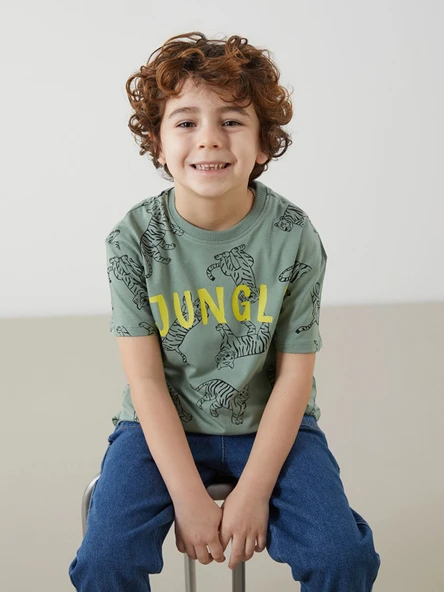 LCW Kids Haki Bisiklet Yaka Baskılı Erkek Çocuk Tişört ürün görseli 1
