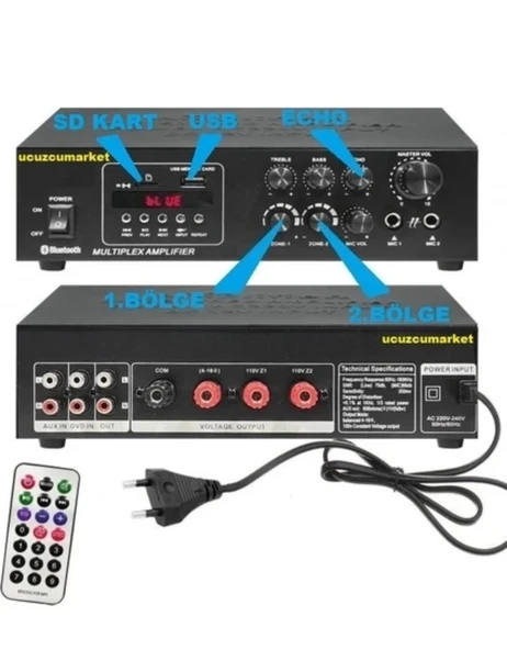 Hat Trafolu Iki Bölgeli 2X150 Watt Seslendirme Amfisi (Bluetooth-Usb-Sd Kart ürün görseli 1