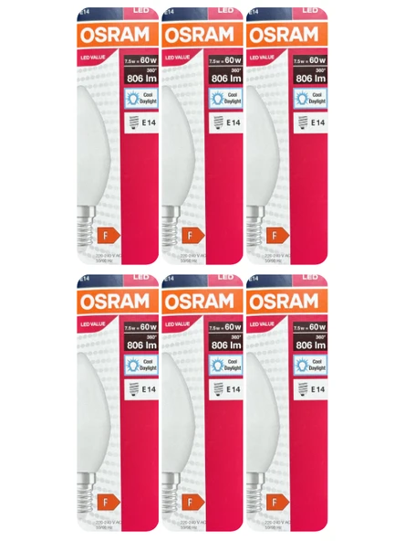 (6 Adet) Ledvance 7,5W Beyaz Işık (6500K) E14 Duylu (İnce Duy) Led Ampul ürün görseli 1