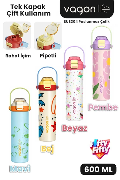 600 ML Tek Kapak Çift Kullanım Pipetli Rahat İçim Kulplu Paslanmaz Çelik Termos ff1111-600ML ürün görseli 1