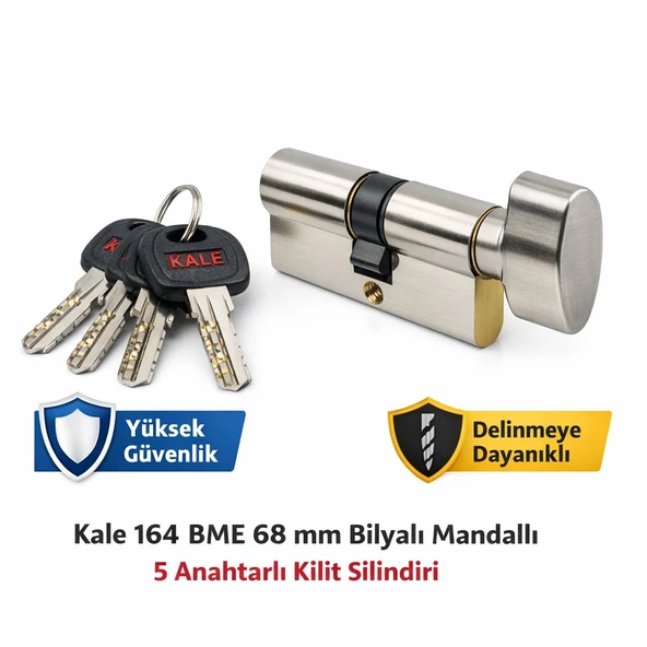 Kale 164 BME 68 mm Bilyalı Mandallı Kilit Silindiri | 5 Anahtarlı Emniyet Kartlı Kapı Göbeği ürün görseli 1