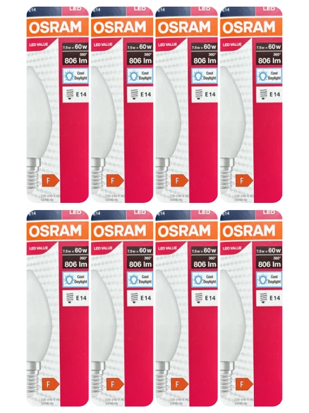 (8 Adet) Ledvance 7,5W Beyaz Işık (6500K) E14 Duylu (İnce Duy) Led Ampul ürün görseli 1