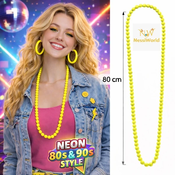 Neon Sarı Boncuk Kolye 80 cm – Retro 80’ler 90’lar Parti Aksesuarı ürün görseli 1