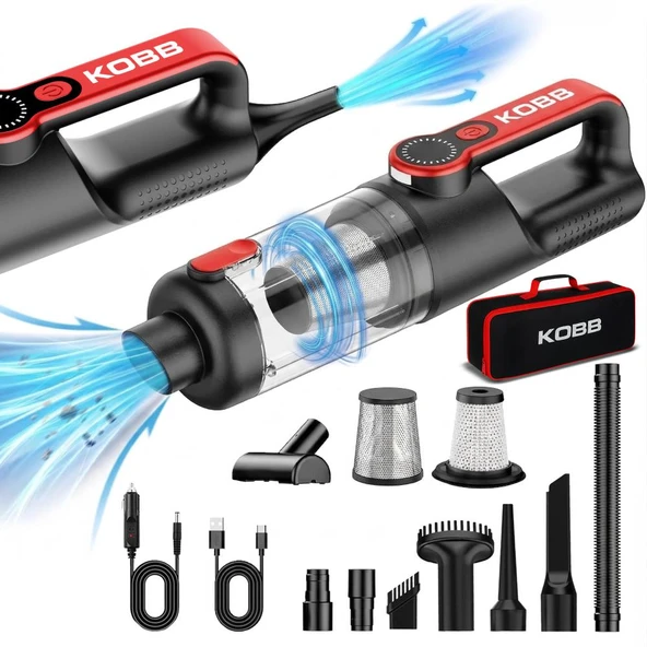 KOBB KBV20 12Volt/ Li-ion Şarjlı Kömürsüz Motor Hibrit Araç Süpürgesi + 8 Parça Aksesuar Seti + Taşıma Çantası ürün görseli 1