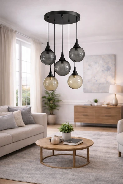 akyzlighting 5'li Glop Cam Sarkıt Eskitme Avize Siyah 35 x 74 ürün görseli 1