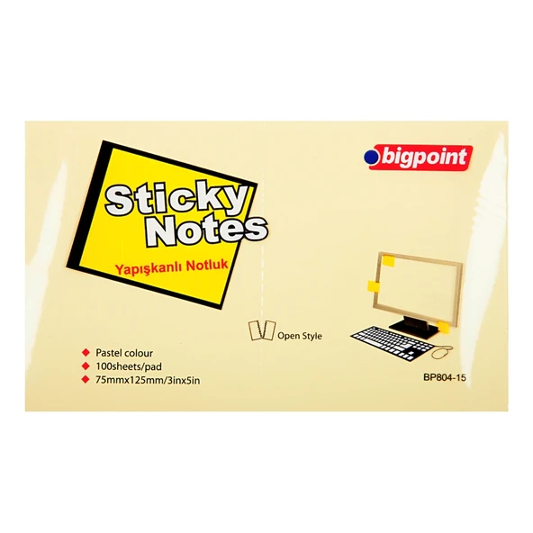 Bigpoint Yapışkanlı Not Kağıdı 75x125mm Sarı x 12 Adet ürün görseli 1