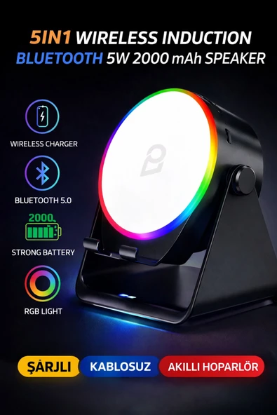 5W İndüksiyonlu Bluetooth Hoparlör 2000mAh RGB Işıklı Standlı Telefon Ses Yükseltici Speaker Güçlü ürün görseli 1