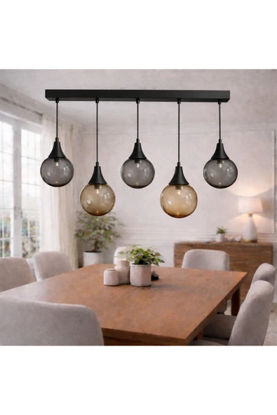 akyzlighting 5'li Sıralı Yemek Masası Glop Cam Sarkıt Siyah Avize Siyah 55 x 55 ürün görseli 1