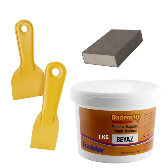 Pratik (4'LÜ) Ahşap Tamir Seti 1000 gr Beyaz Tamir Macunu + 2 Adet Spatula + Kübik Zımpara ürün görseli 1