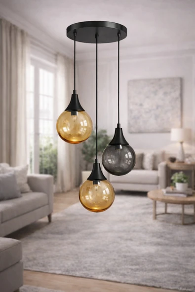 akyzlighting 3'lü Glop Cam Sarkıt Siyah Avize Siyah 30 x 75 ürün görseli 1