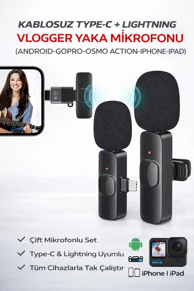 Kablosuz Yaka Mikrofonu Type-C Lightning Uyumlu Vlogger Mikrofon iPhone Android Uyumlu Set ürün görseli 1