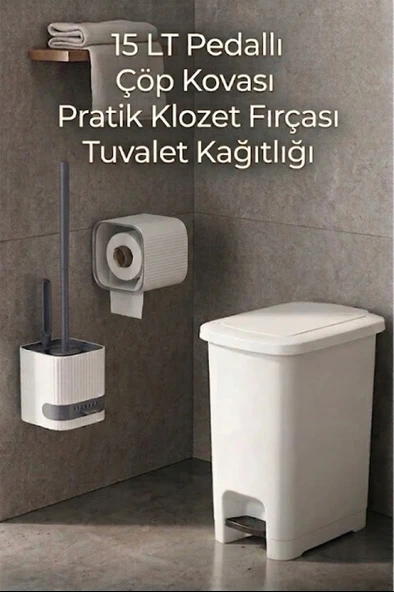 3'lü Banyo ve Tuvalet Seti Çöp Kovası, Fırça ve Kağıtlık Birarada ürün görseli 1