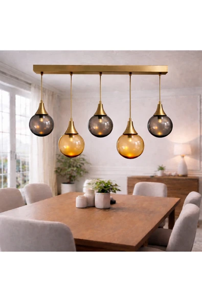 akyzlighting 5'li Sıralı Yemek Masası Glop Cam Sarkıt Eskitme Avize Eskitme 62 cm ürün görseli 1