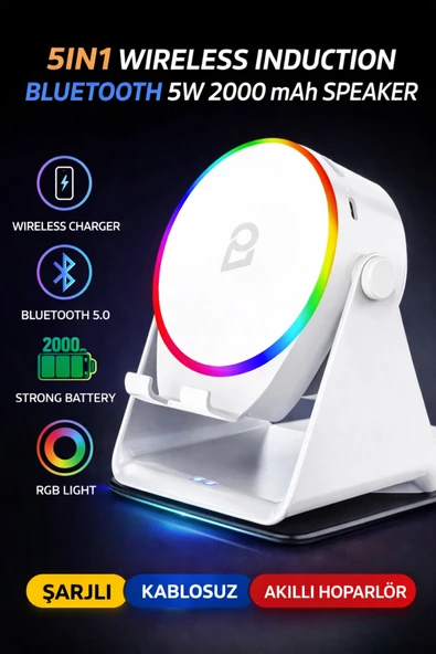 5W İndüksiyonlu Bluetooth Hoparlör 2000mAh RGB Işıklı Standlı Telefon Ses Yükseltici Speaker Güçlü ürün görseli 1