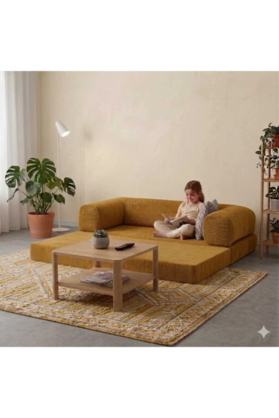 HEREV 180X90 SÜNGER KANEPE YIKANABİLİR KADİFE KUMAŞLI KOLTUK Sarı ürün görseli 1