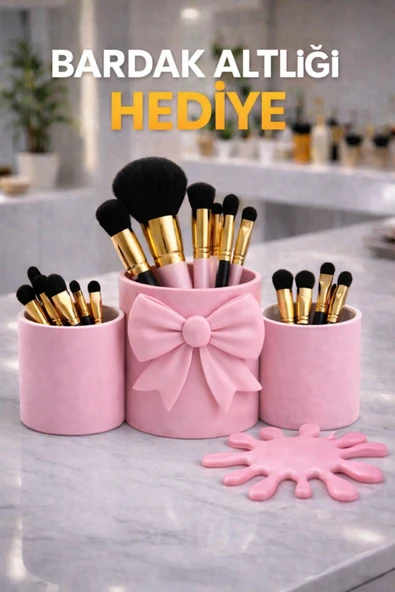 3lü Dekoratif Masa Üstü Fırçalık/Kalemlik Pembe ürün görseli 1