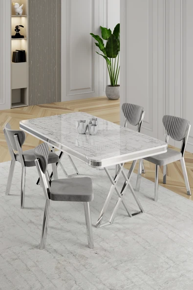 Raja Serisi 80x130 Lak Panel Beyaz Mermer Desen Masa Takımı Krom Ayaklı 4 Sandalye ürün görseli 1