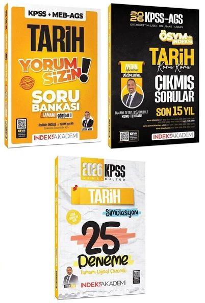 İndeks Akademi 2026 KPSS Tarih Yorum Sizin Soru Bankası + Çıkmış Sorular + 25 Deneme 3 lü Set - Aydın Yüce İndeks Akademi Yayıncılık ürün görseli 1