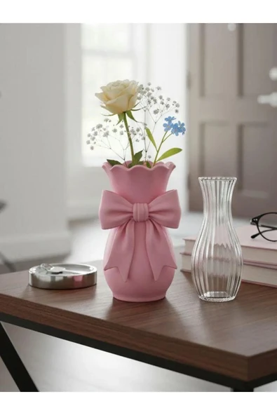 MİR STORE Fiyonklu Dekoratif Vazo – Pudra Pembe Pembe ürün görseli 1