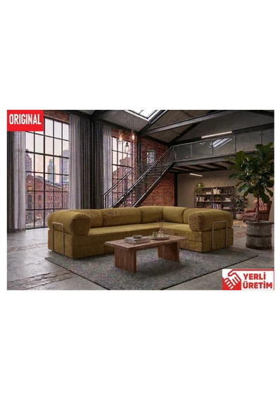 HEREV KK300X200 KÖŞE KOLTUK 2 YATAKLI FİTİLLİ KADİFE KUMAŞLI ŞARK KÖŞE Sarı ürün görseli 1