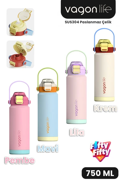 750 ML Tek Kapak Çift Kullanım Pipetli Rahat İçim Kulplu Paslanmaz Çelik Termos ff1108-750ML ürün görseli 1