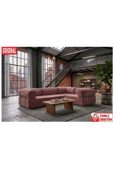 HEREV KK300X200 KÖŞE KOLTUK 2 YATAKLI FİTİLLİ KADİFE KUMAŞLI ŞARK KÖŞE Pembe ürün görseli 1