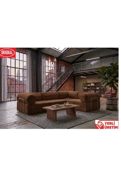 HEREV KK300X200 KÖŞE KOLTUK 2 YATAKLI FİTİLLİ KADİFE KUMAŞLI ŞARK KÖŞE Kahverengi ürün görseli 1