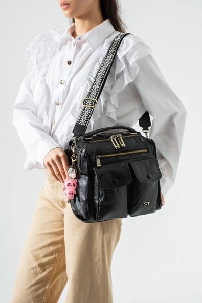 Yıkanmış Deri Çok Fonksiyonlu Sırt, Omuz, ve El Çantası Siyah (Model: 571-17T) ürün görseli 1