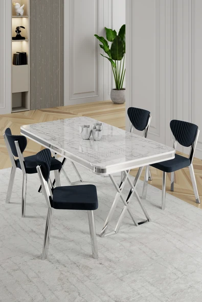Raja Serisi 80x130 Lak Panel Beyaz Mermer Desen Masa Takımı Krom Ayaklı 4 Sandalye ürün görseli 1