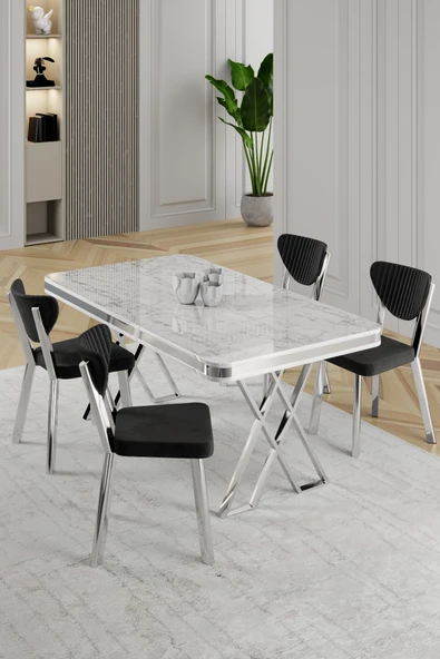 Raja Serisi 80x130 Lak Panel Beyaz Mermer Desen Masa Takımı Krom Ayaklı 4 Sandalye ürün görseli 1