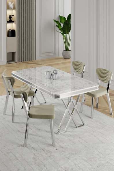 Raja Serisi 80x130 Lak Panel Beyaz Mermer Desen Masa Takımı Krom Ayaklı 4 Sandalye ürün görseli 1