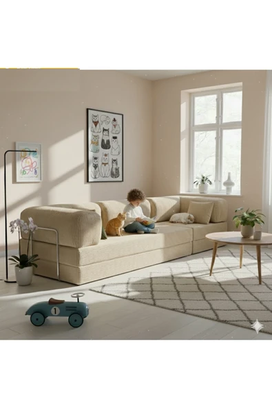 HEREV K300X100 KÖŞE KOLTUK TAKIMI YIKANABİLİR KADİFE KUMAŞLI MODÜLER KÖŞE TAKIMI Bej ürün görseli 1