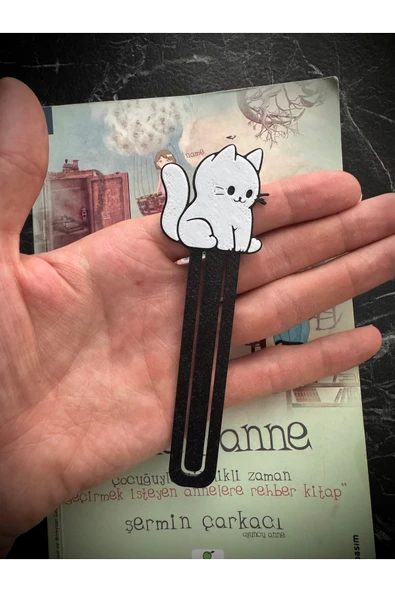 Sevimli Oturan Kedi Şeklinde Kitap Ayracı - Tatlı Kedi Kitap Ayracı Siyah-Beyaz ürün görseli 1