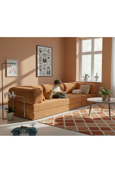 HEREV K300X100 KÖŞE KOLTUK TAKIMI YIKANABİLİR KADİFE KUMAŞLI MODÜLER KÖŞE TAKIMI Turuncu ürün görseli 1