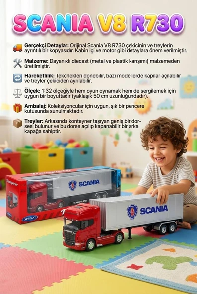 Welly 1:32 Ölçekli Lisanslı Orjinal Scania V8 R370 Dorseli Koleksiyonluk Model Oyuncak Tır ürün görseli 1