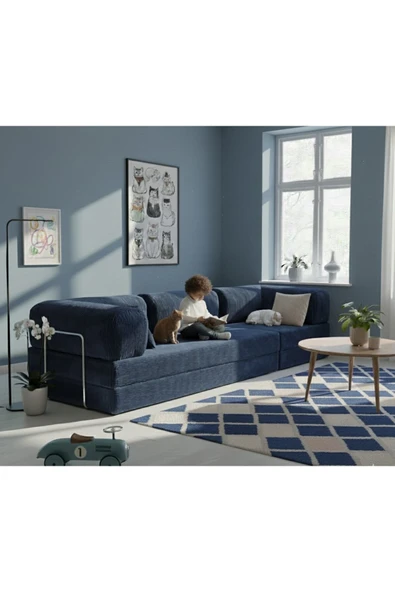 HEREV K300X100 KÖŞE KOLTUK TAKIMI YIKANABİLİR KADİFE KUMAŞLI MODÜLER KÖŞE TAKIMI Lacivert ürün görseli 1